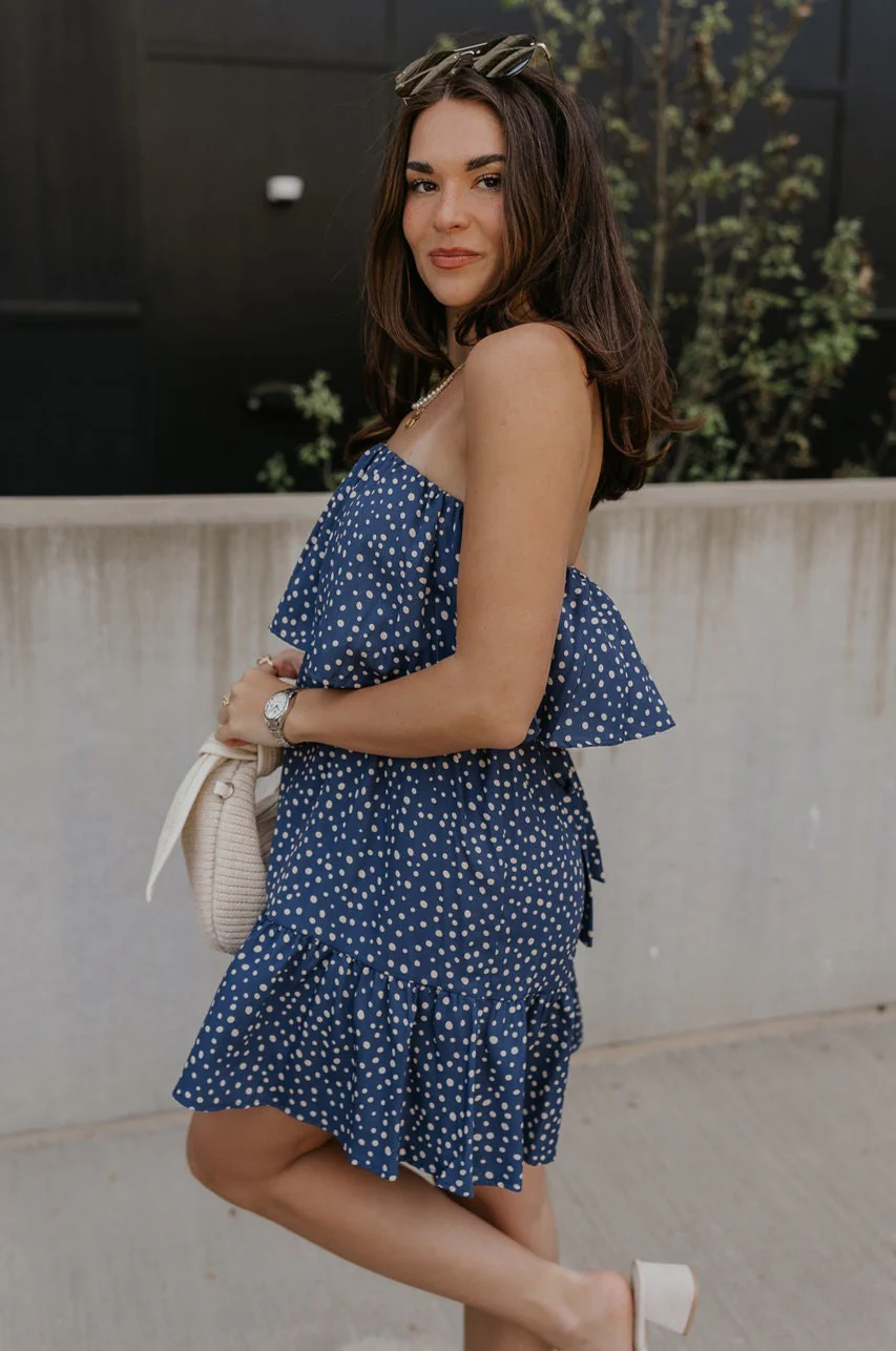 Lena Navy & White Polka Dot Strapless Mini Dress - Image 3