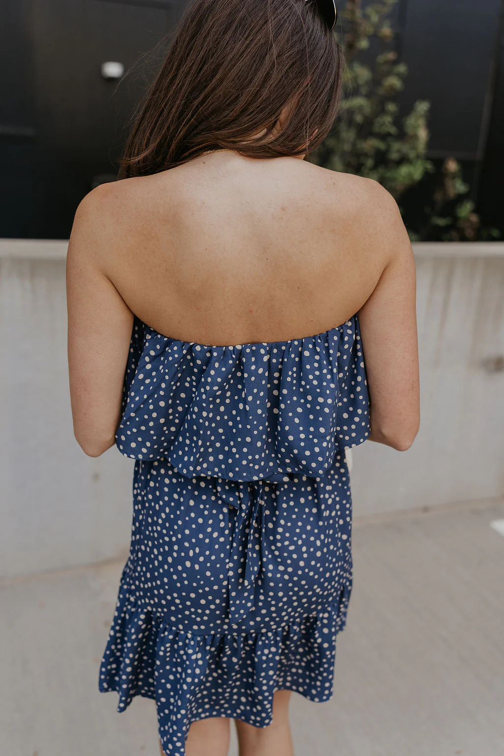 Lena Navy & White Polka Dot Strapless Mini Dress - Image 4