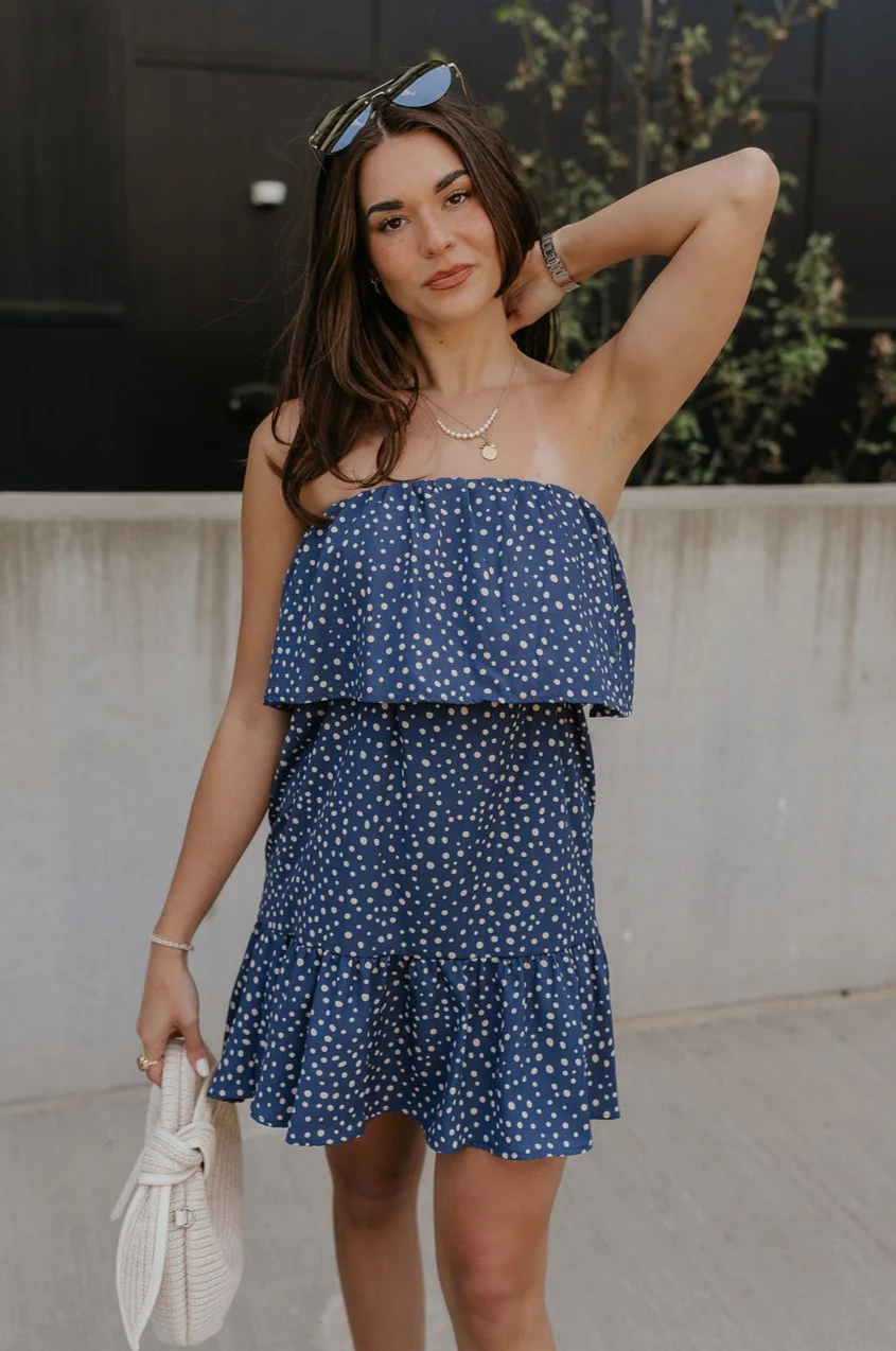 Lena Navy & White Polka Dot Strapless Mini Dress - Image 5