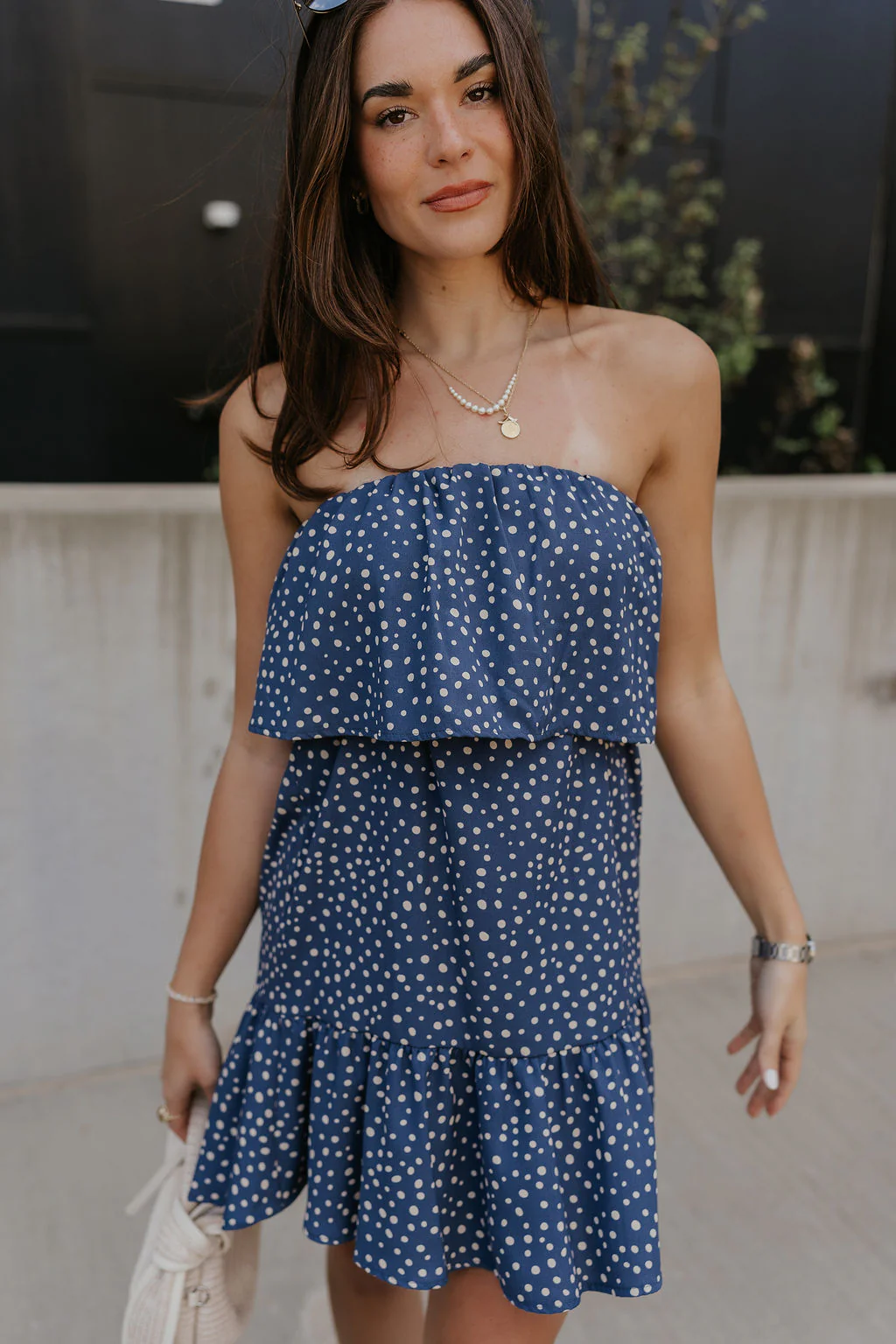 Lena Navy & White Polka Dot Strapless Mini Dress - Image 7