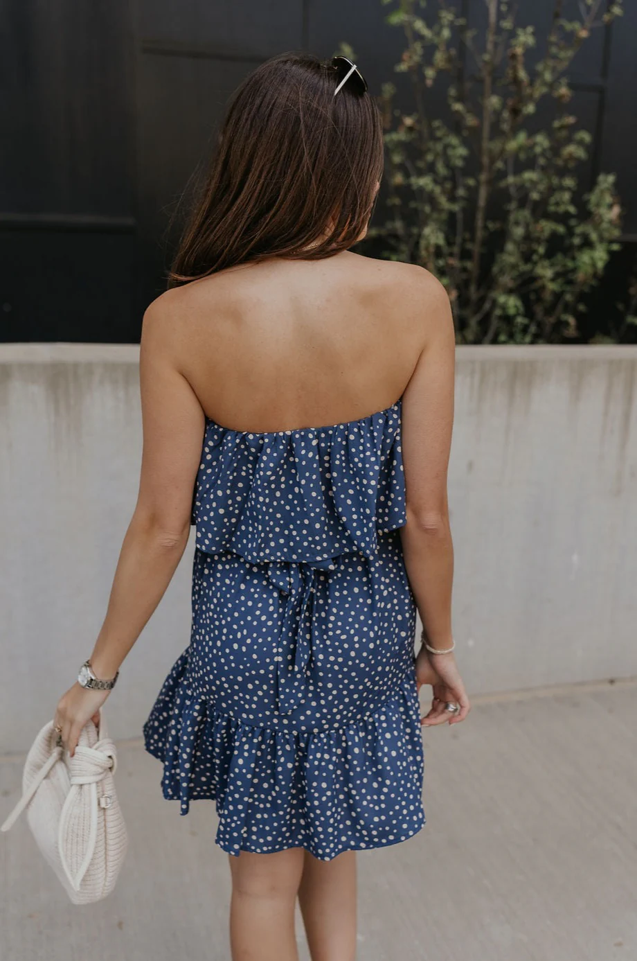 Lena Navy & White Polka Dot Strapless Mini Dress - Image 9