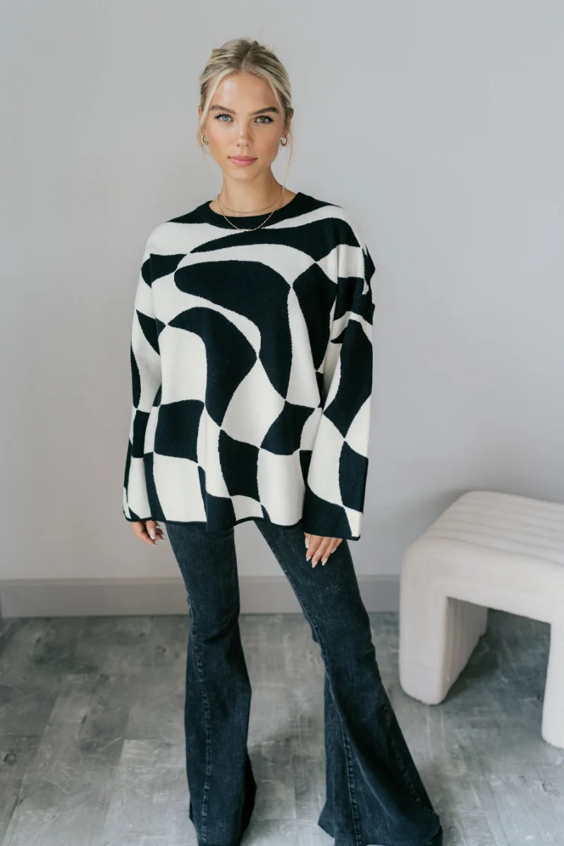 Lennon Black & White Geometric Sweater - Image 2