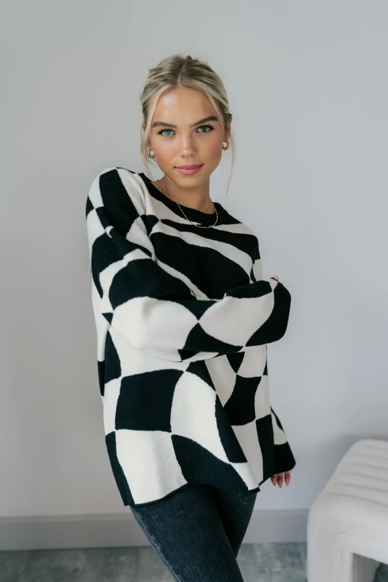 Lennon Black & White Geometric Sweater - Image 3