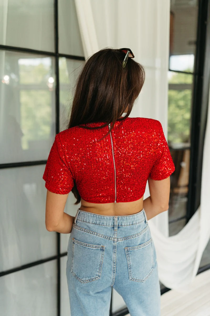 Lennox Red Sequin Crop Top - Image 2