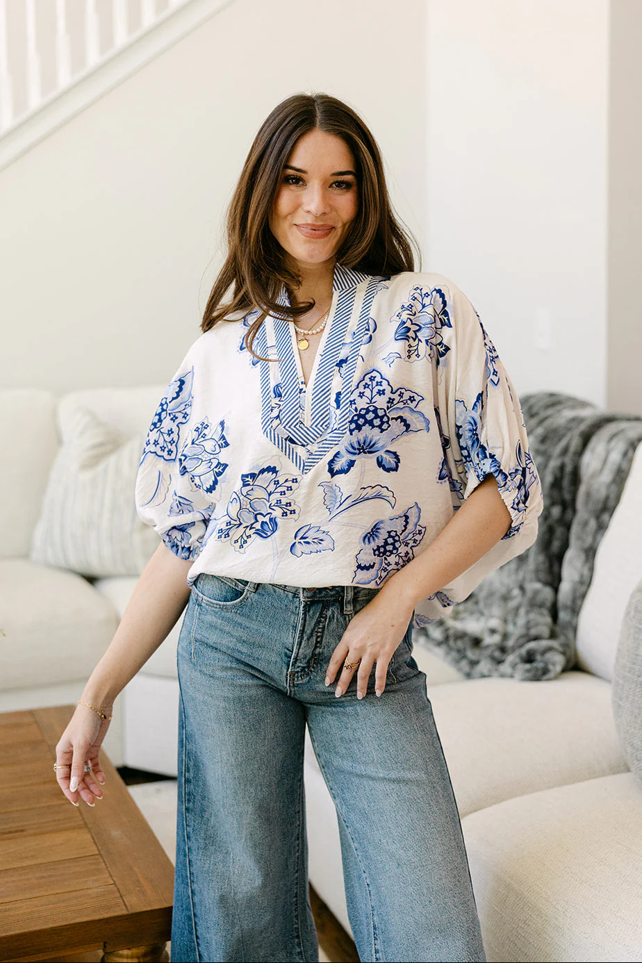 Lenora Blue & White Floral Top