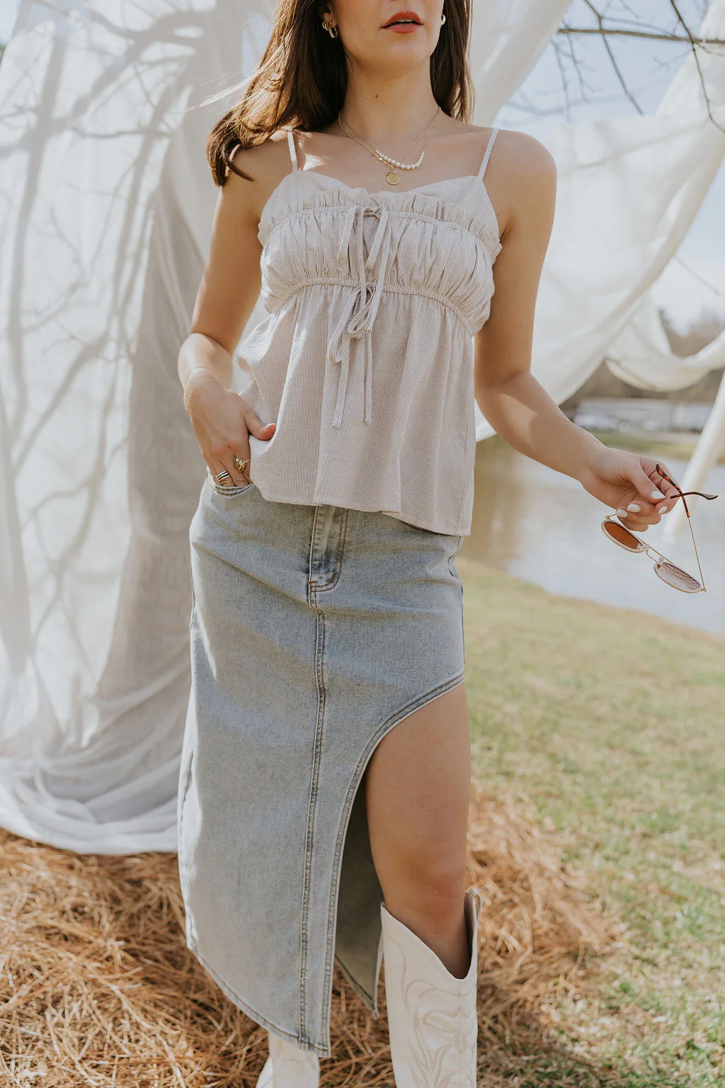 Lexie Asymmetric Denim Midi Skirt