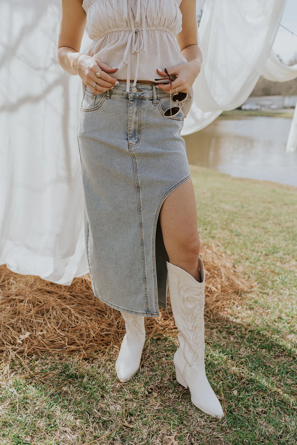 Lexie Asymmetric Denim Midi Skirt - Image 2