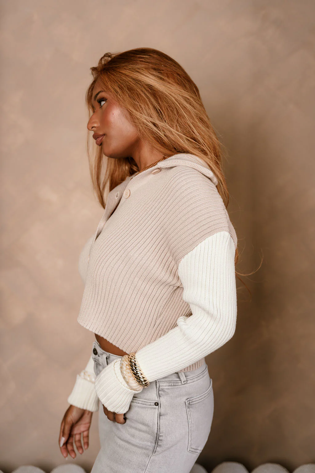 Liana Taupe & Cream Cable Knit Cardigan - Image 2