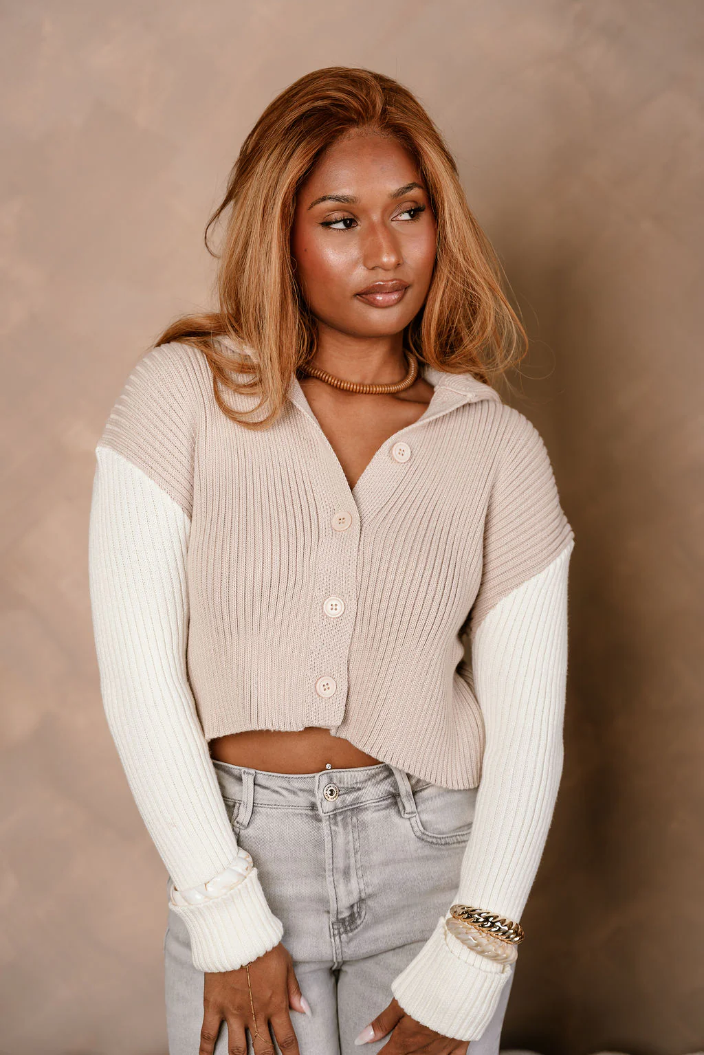 Liana Taupe & Cream Cable Knit Cardigan - Image 3