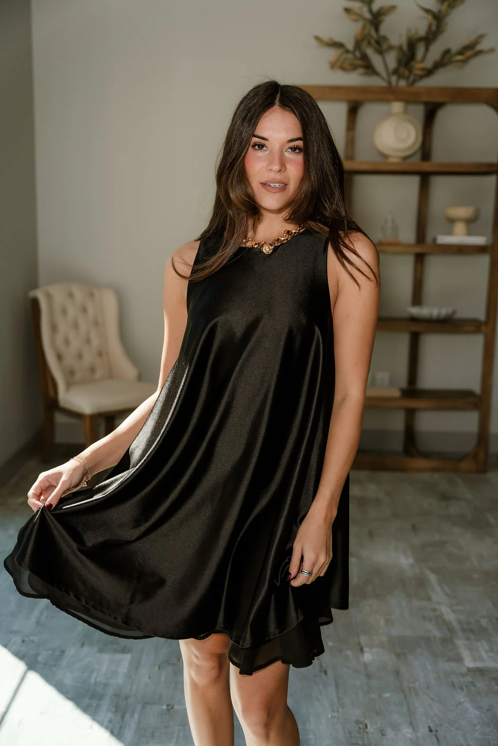 Lilah Black Satin Mini Dress