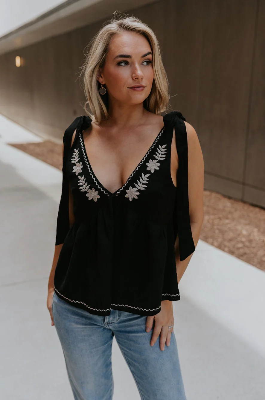 Lilah Black & White Floral Tie Strap Tank