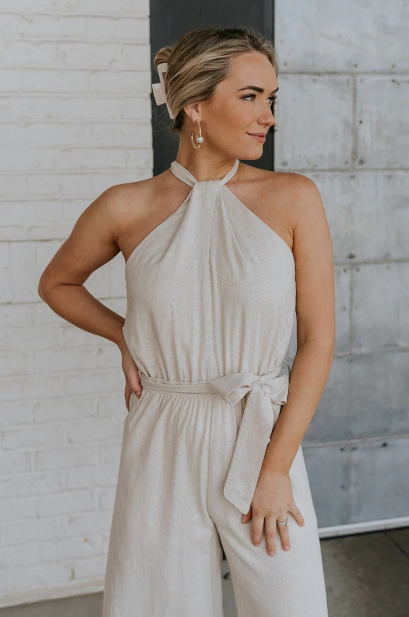 Lilah Natural Linen Halter Neckline Jumpsuit - Image 3