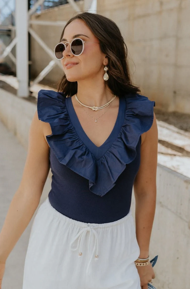Lilah Navy Ribbed Ruffle Bodysuit