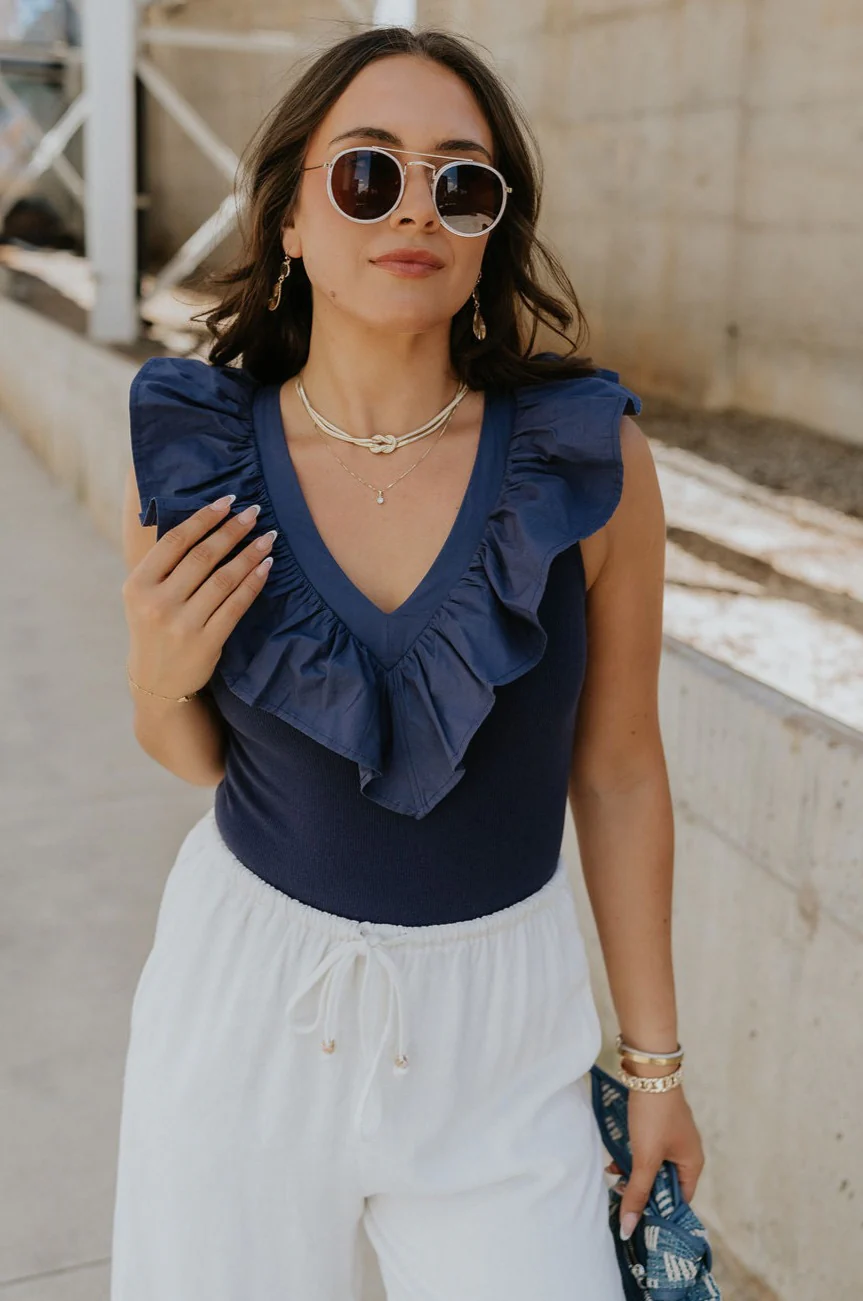Lilah Navy Ribbed Ruffle Bodysuit - Image 3