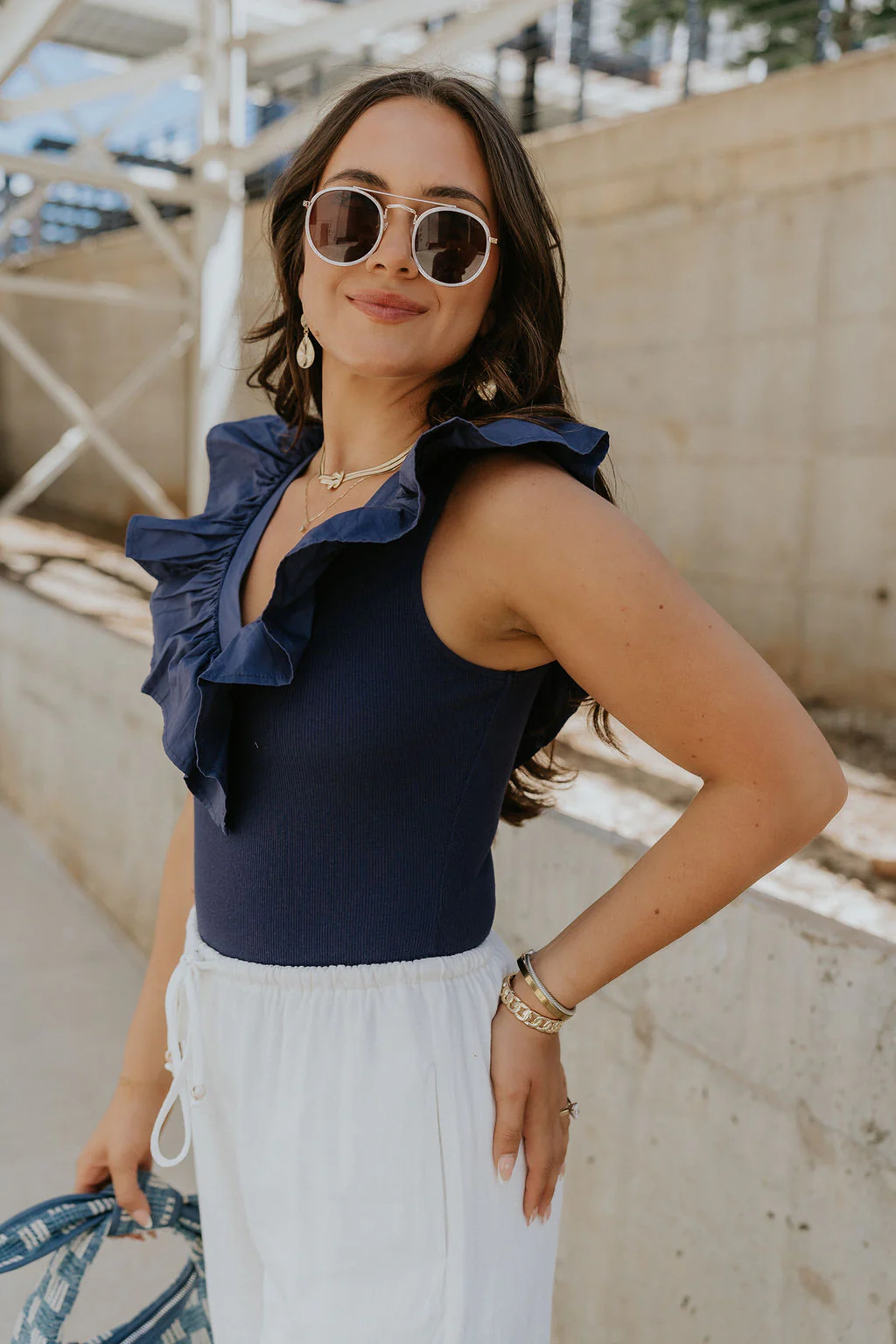 Lilah Navy Ribbed Ruffle Bodysuit - Image 5