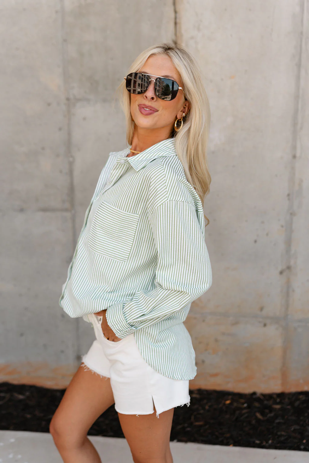 Lilian Green & White Stripe Button-Up Top - Image 9