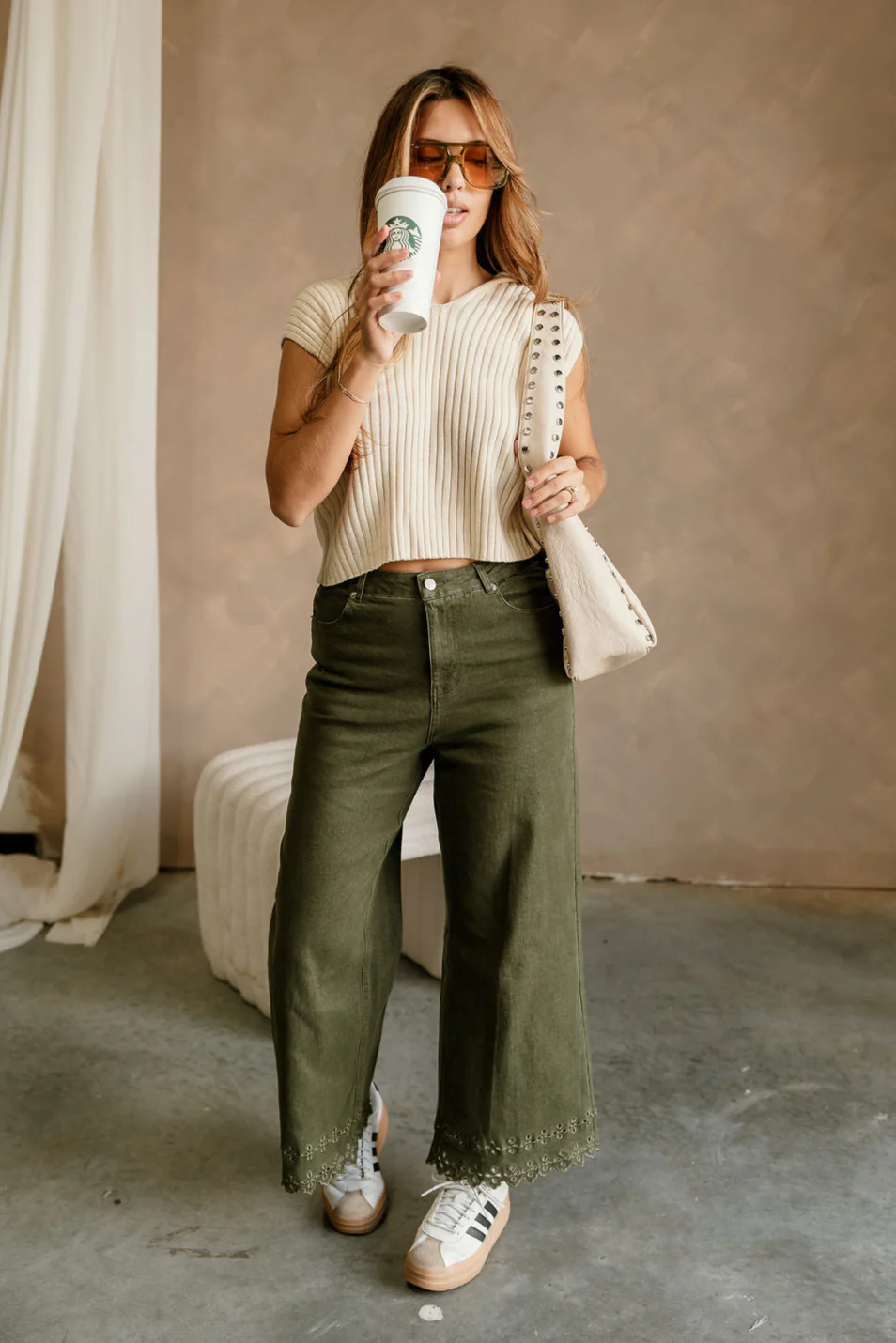 Lilian Olive Eyelet Wide Leg Jeans
