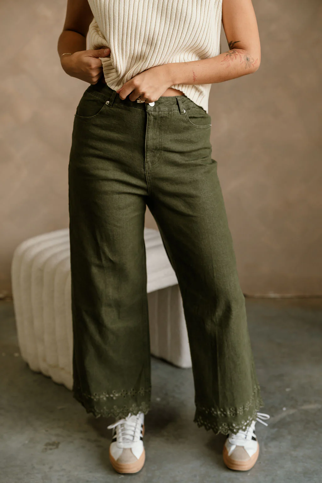 Lilian Olive Eyelet Wide Leg Jeans - Image 2