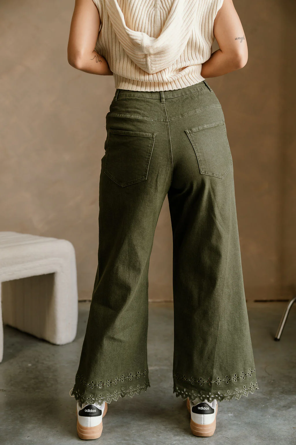 Lilian Olive Eyelet Wide Leg Jeans - Image 4