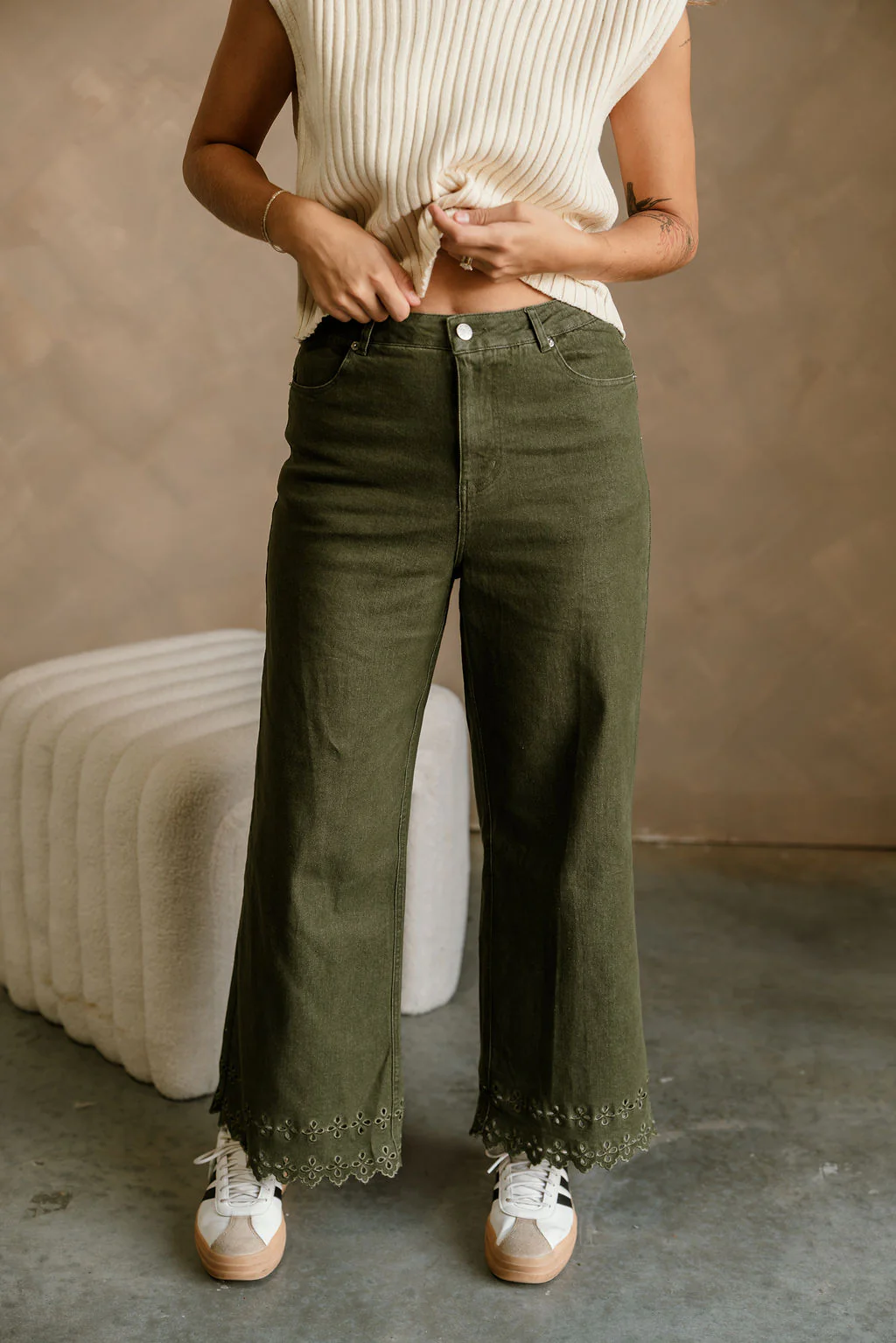 Lilian Olive Eyelet Wide Leg Jeans - Image 5