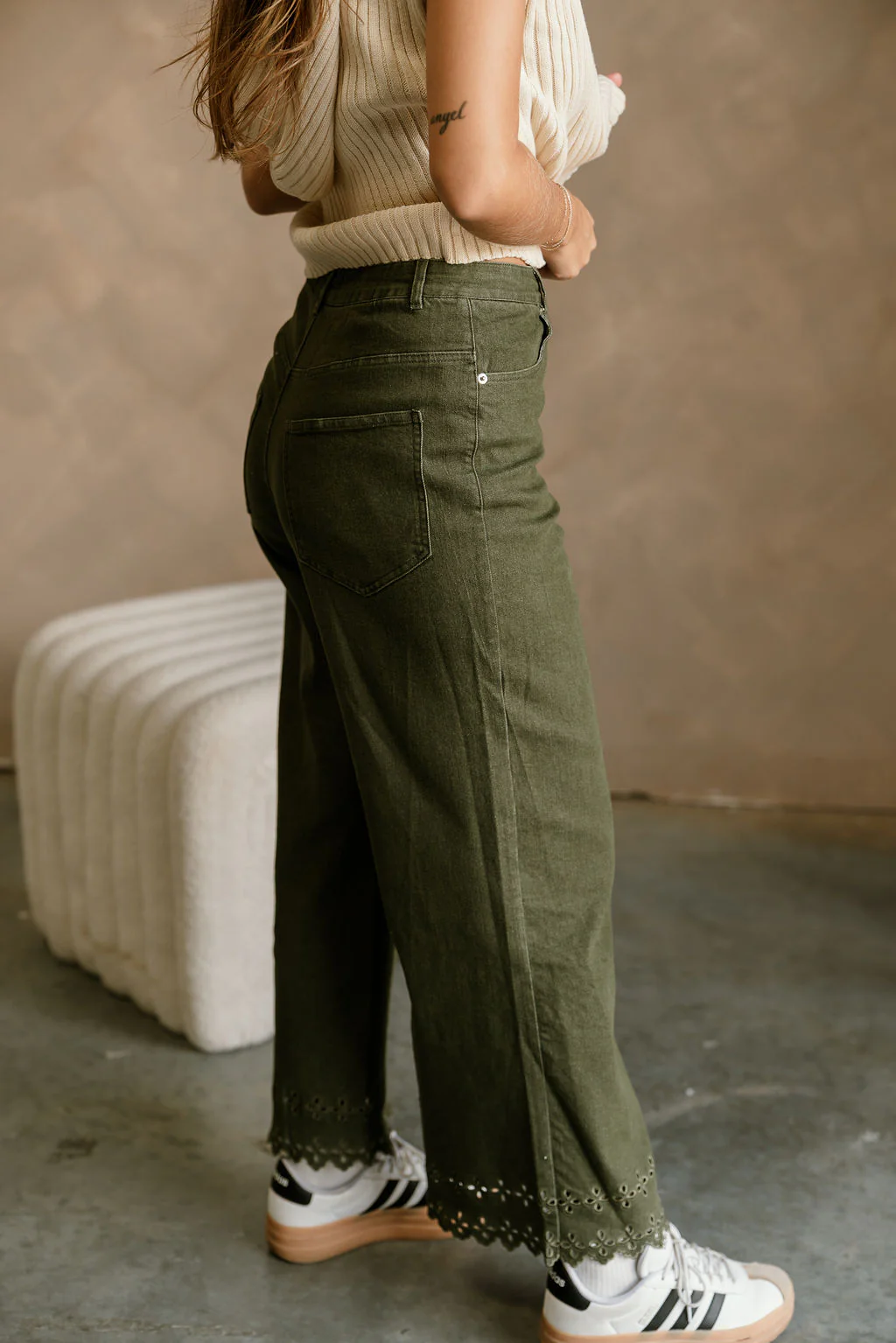 Lilian Olive Eyelet Wide Leg Jeans - Image 6