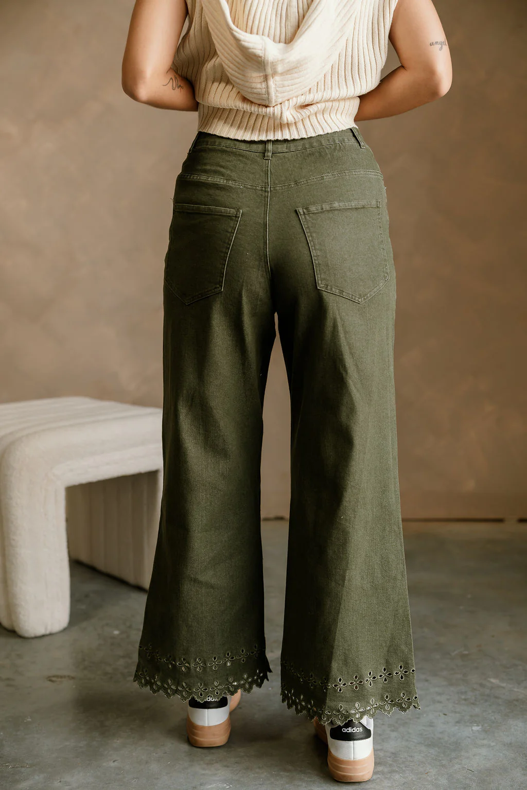 Lilian Olive Eyelet Wide Leg Jeans - Image 8