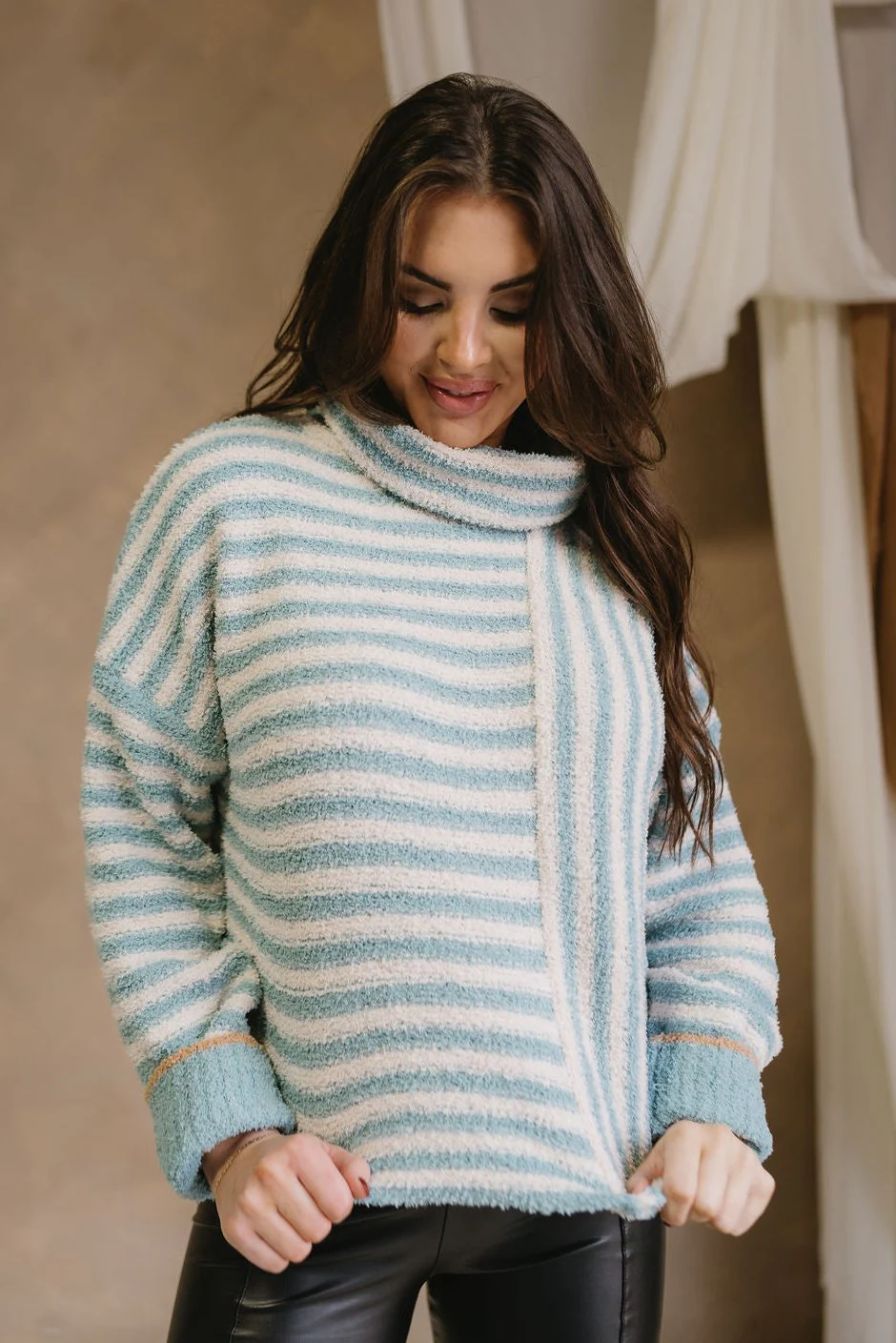 Liliana Sage & Cream Stripe Knit Sweater