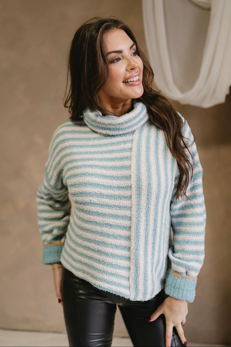 Liliana Sage & Cream Stripe Knit Sweater - Image 3