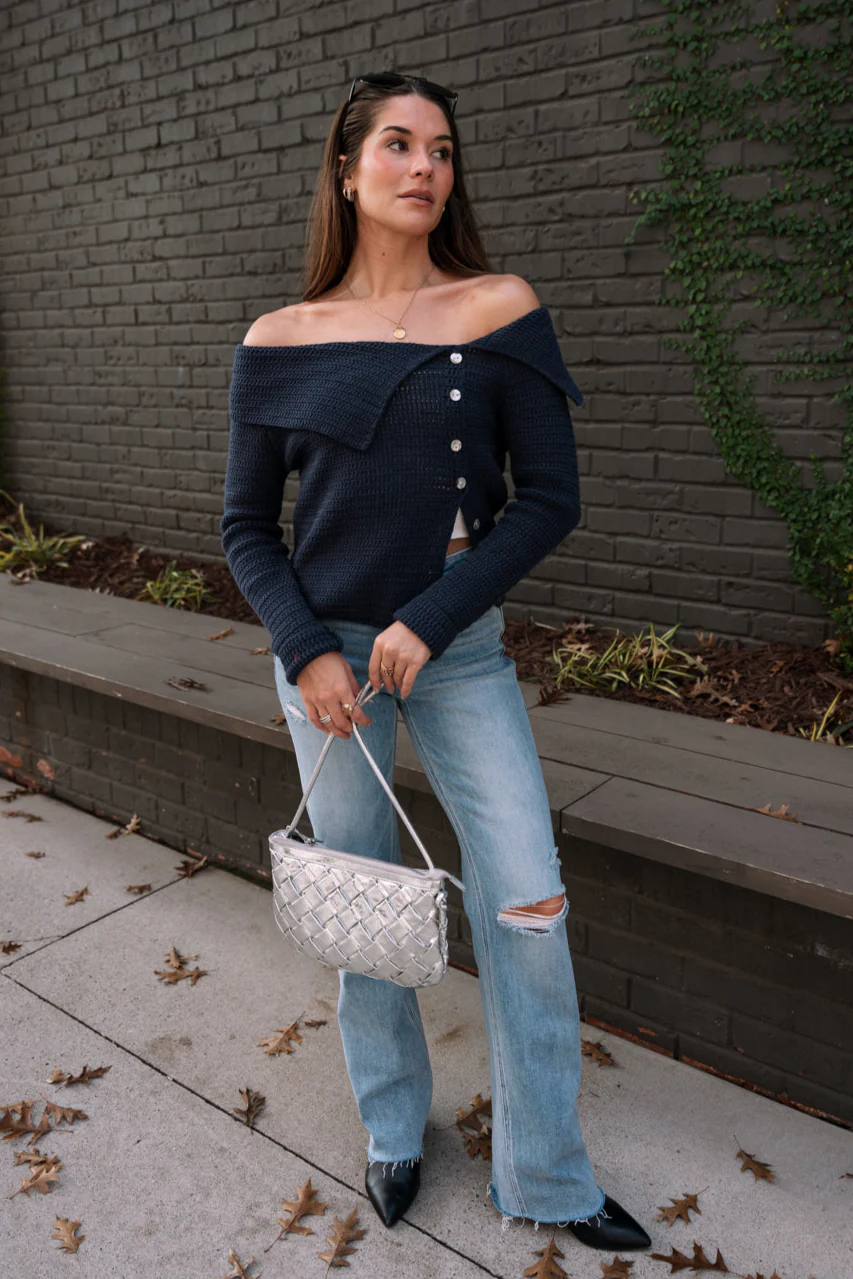 Lillian Navy Ribbed Knit Long Sleeve Cardigan - Image 2