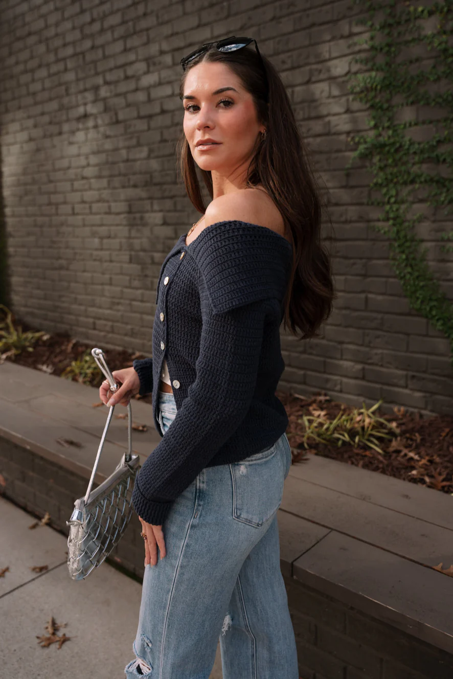 Lillian Navy Ribbed Knit Long Sleeve Cardigan - Image 4