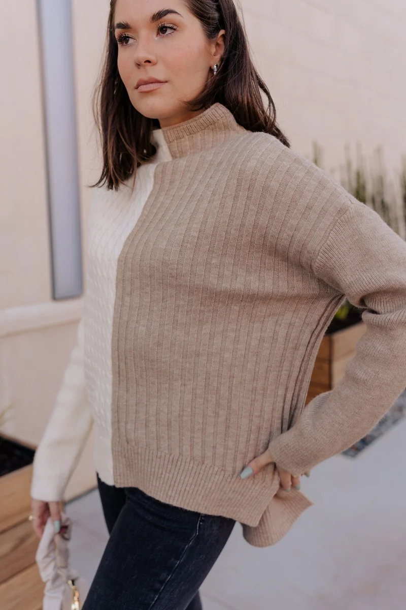 Lillian Taupe & Cream Long Sleeve Sweater - Image 3