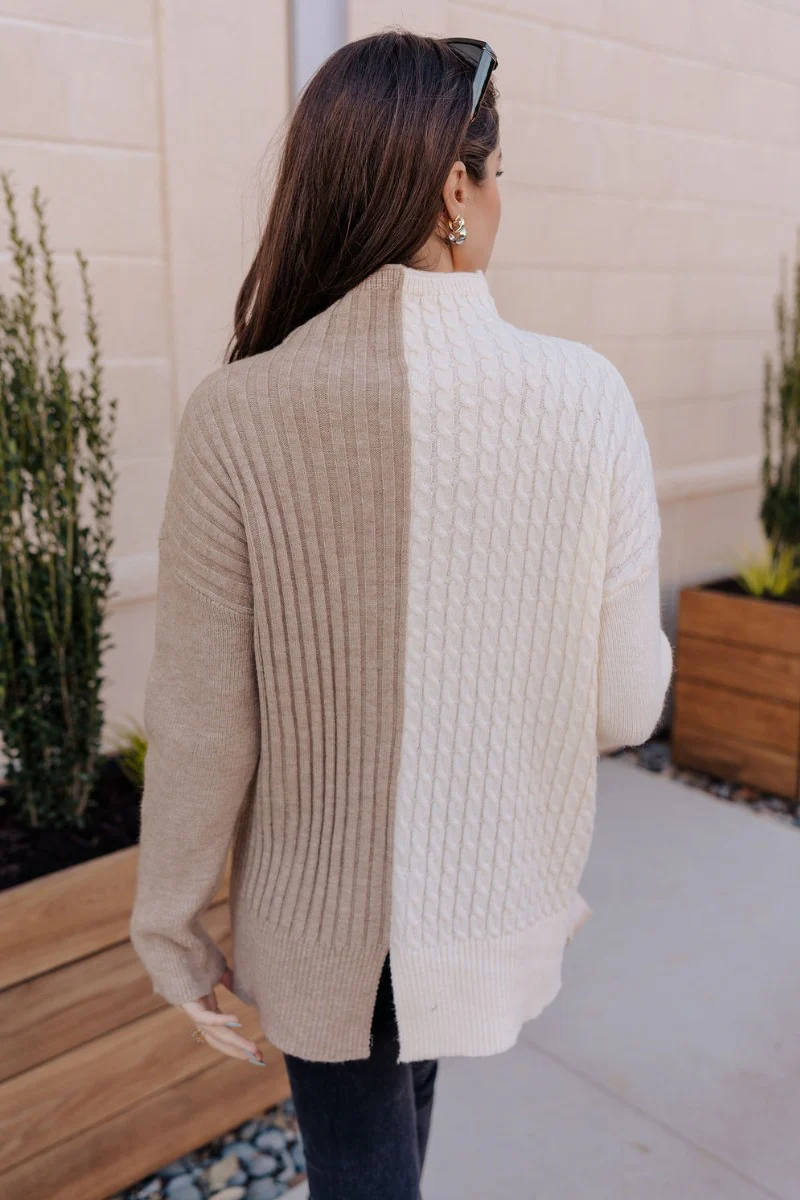 Lillian Taupe & Cream Long Sleeve Sweater - Image 6
