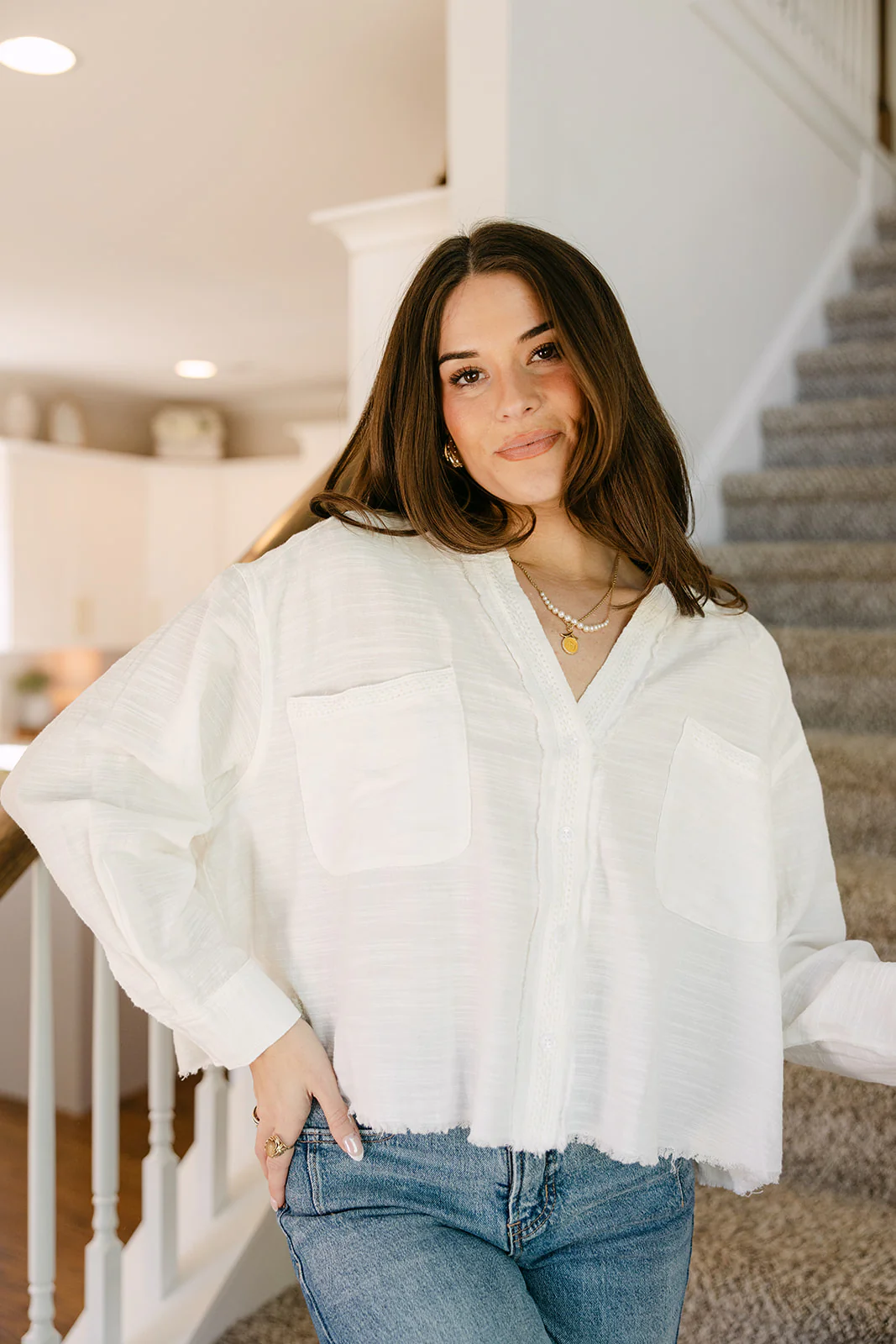 Lillian White Frayed Long Sleeve Top