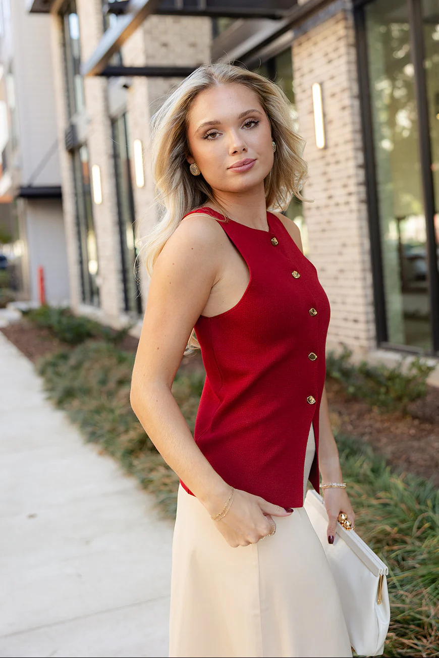 Lilliana Deep Red Button-Up Knit Tank - Image 8