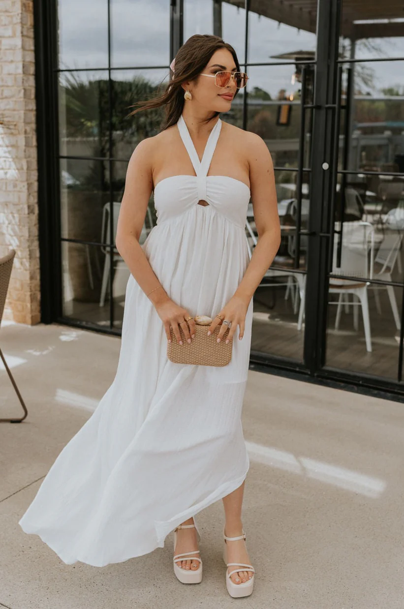 Lina Off White Halter Neckline Maxi Dress