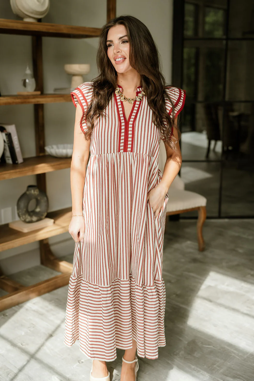 Lina Rust & Cream Striped Midi Dress - Image 4