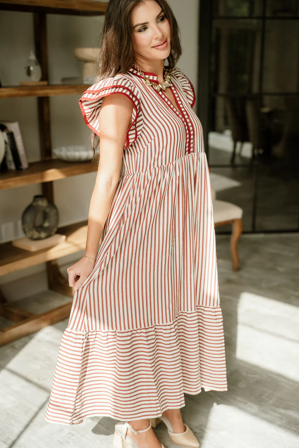 Lina Rust & Cream Striped Midi Dress - Image 5