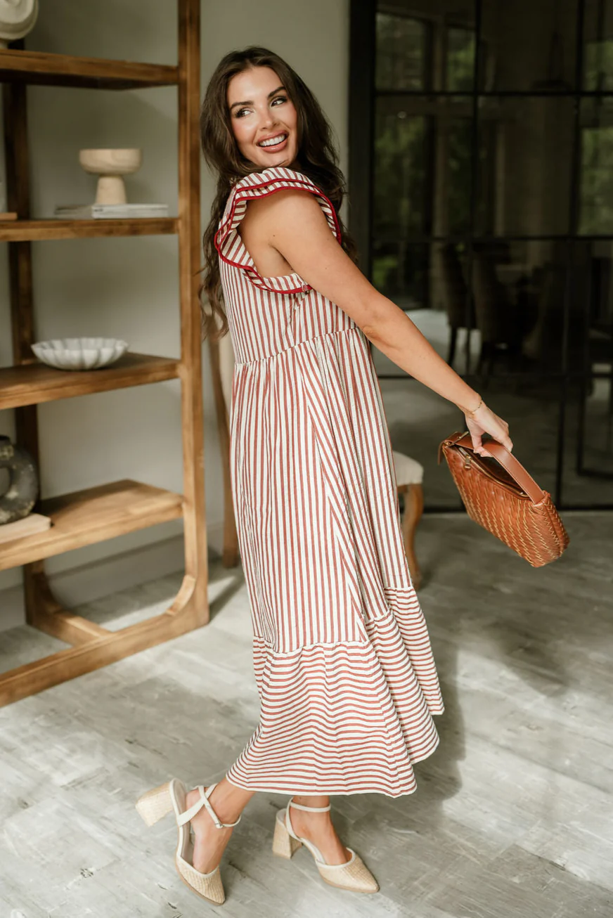 Lina Rust & Cream Striped Midi Dress - Image 7