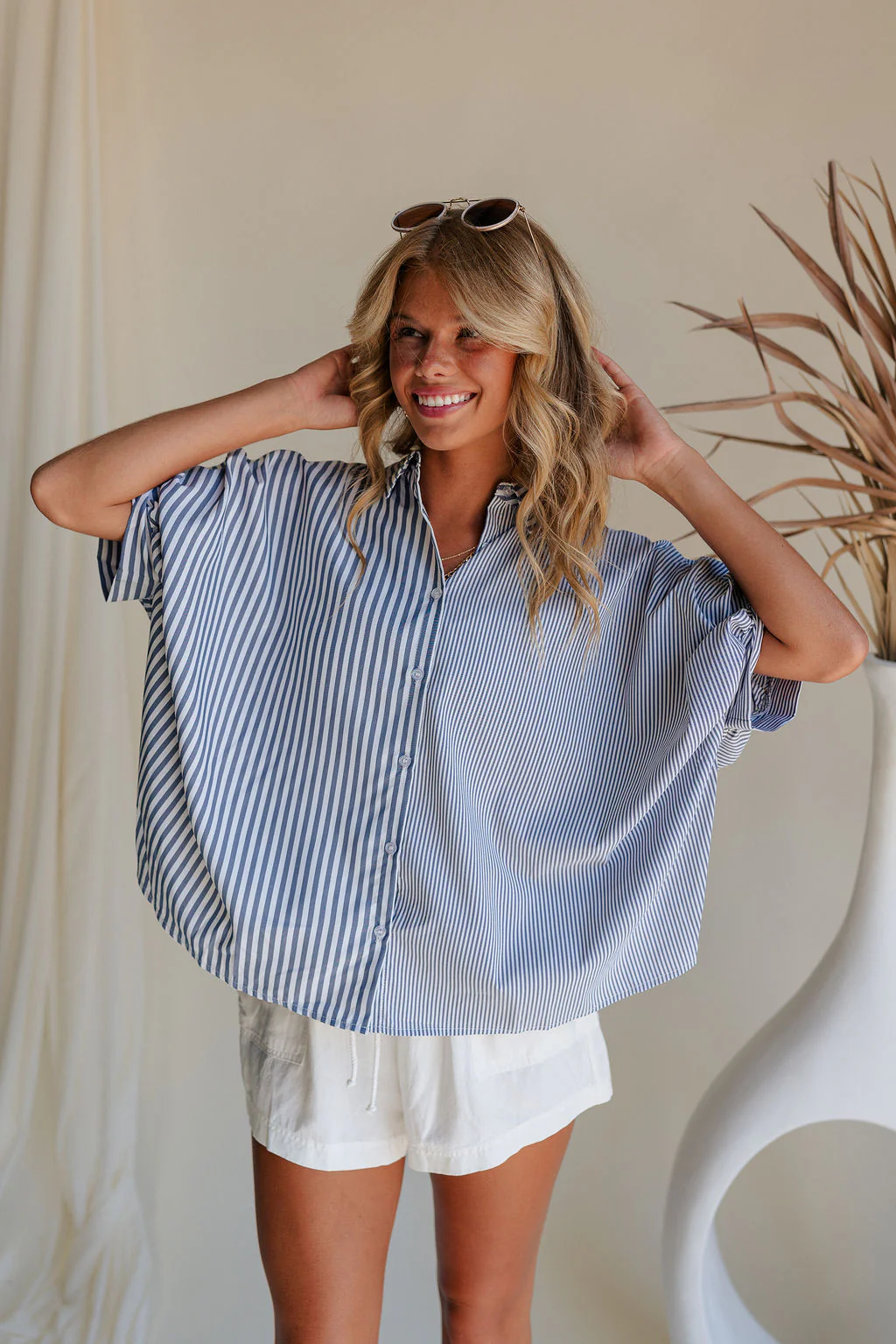 Liora Striped Short Sleeve Button Up Top - Image 2