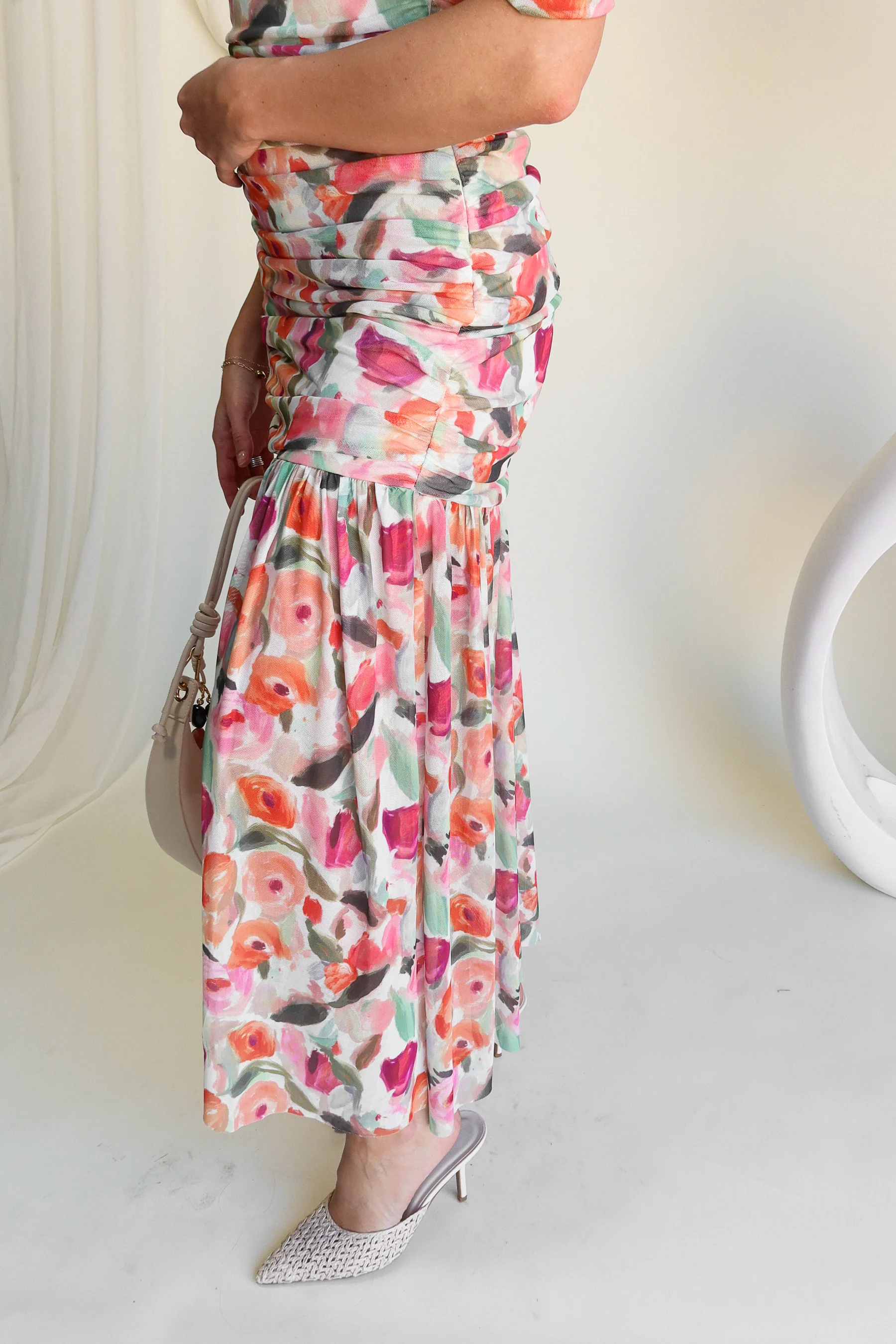 Lola Cream Multi Ruched Midi Dress - Image 3