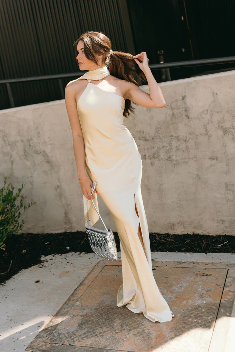Lola Yellow Satin Scarf Maxi Dress - Image 2