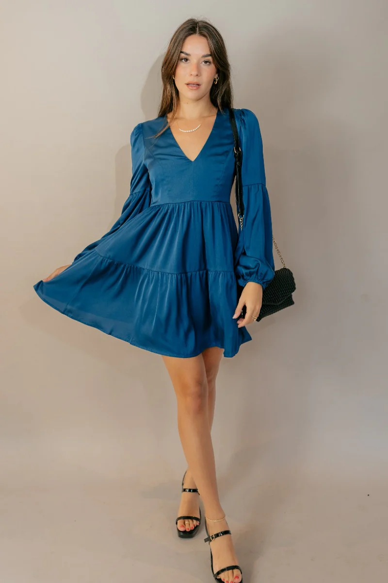 Lottie Blue Satin Long Sleeve Mini Dress