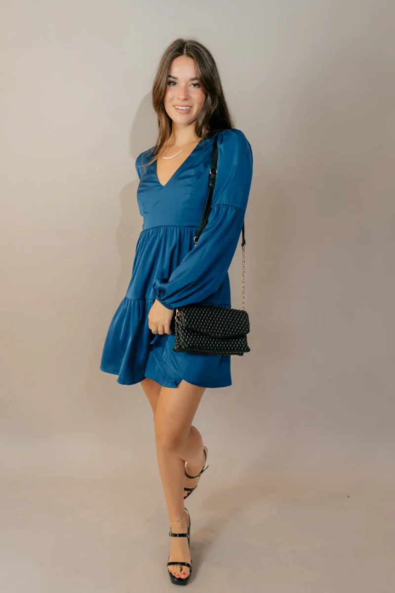 Lottie Blue Satin Long Sleeve Mini Dress - Image 2
