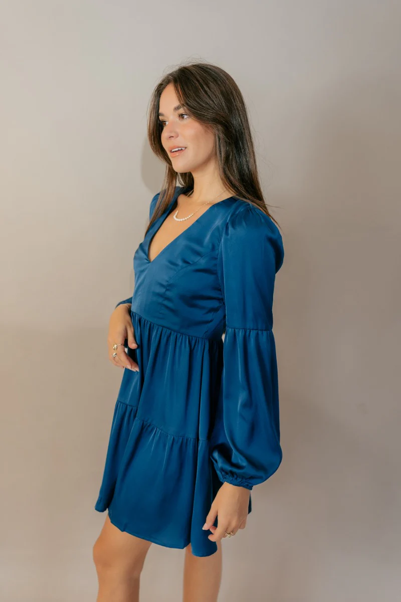 Lottie Blue Satin Long Sleeve Mini Dress - Image 3
