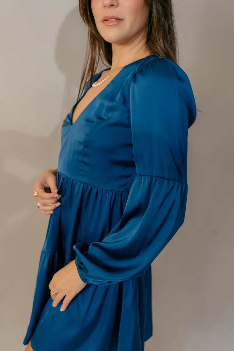 Lottie Blue Satin Long Sleeve Mini Dress - Image 4