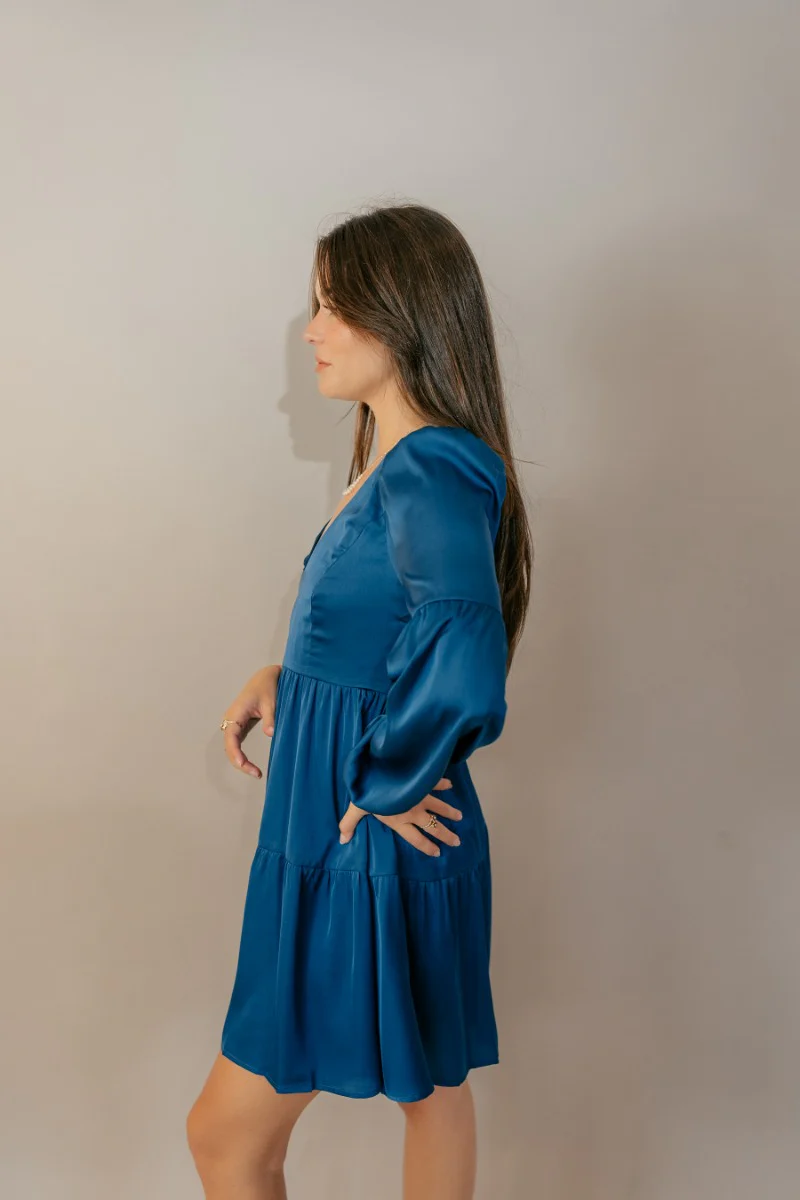Lottie Blue Satin Long Sleeve Mini Dress - Image 5