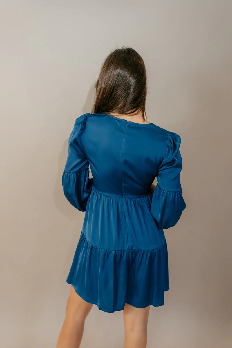 Lottie Blue Satin Long Sleeve Mini Dress - Image 6