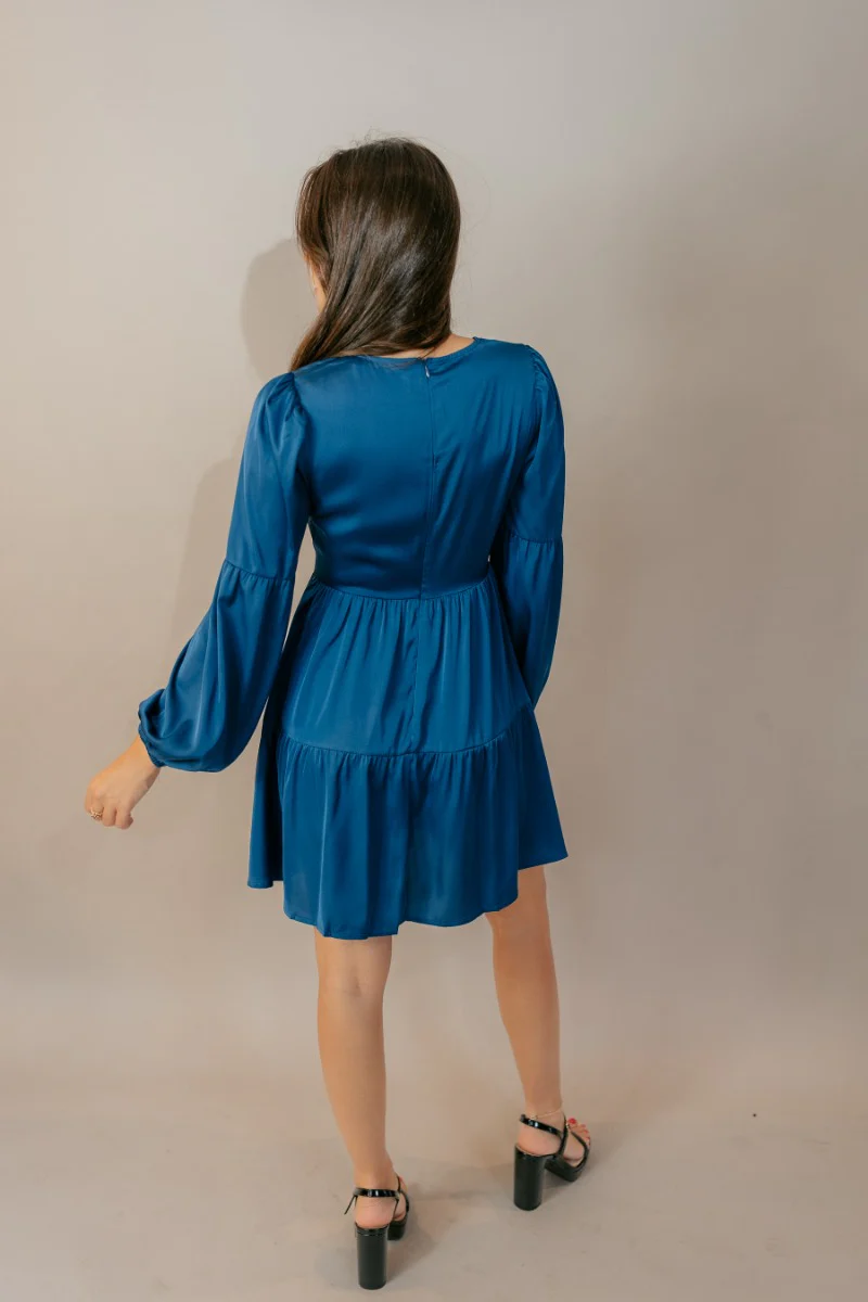 Lottie Blue Satin Long Sleeve Mini Dress - Image 7
