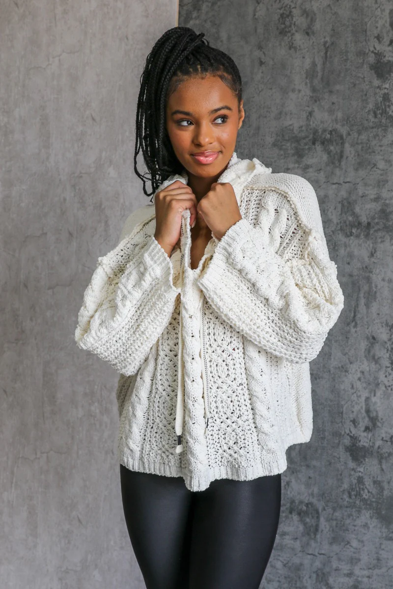 Lottie Cream Cable Knit Hoodie Sweater
