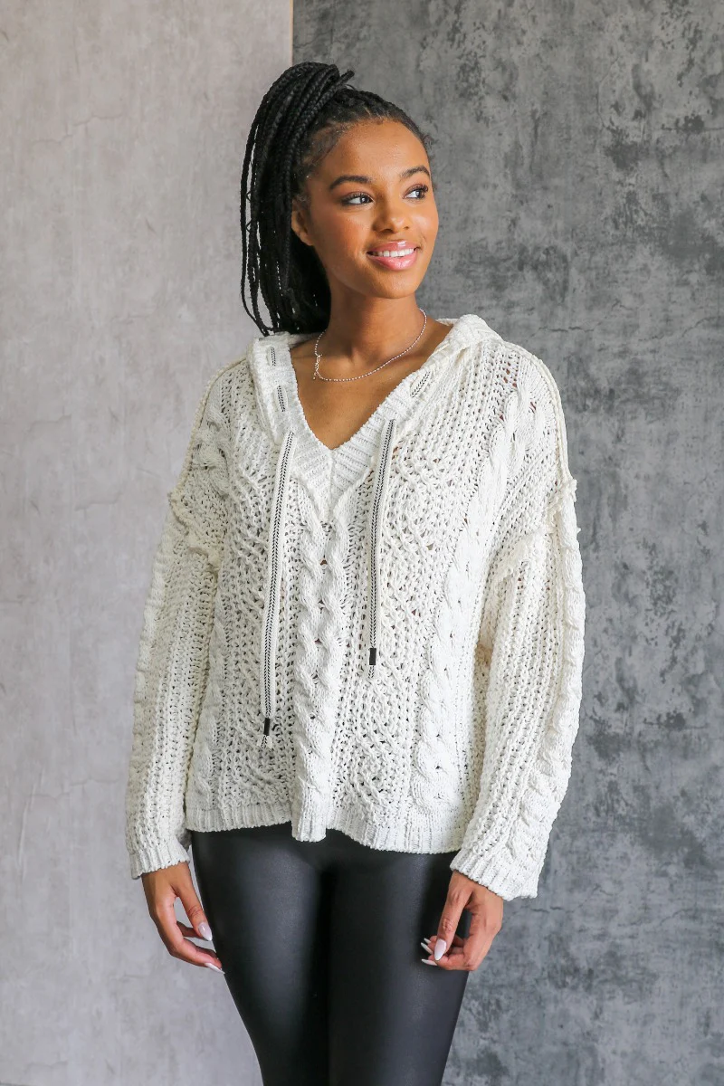 Lottie Cream Cable Knit Hoodie Sweater - Image 3